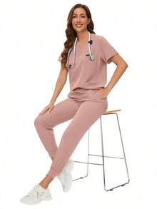 Surgical Uniforms Woman Scrub Set Nurse Beauty Salon Workwear Clinical Scrubs Top Pants Sets Spa Doctor Nursing Clinical Suit - Hồng - Xem 5
