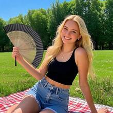 1PC Folding Hand Fan Handheld Foldable Fan Style Fan Dance Music Festival Wedding Party Decoration Performance - Black - View 6