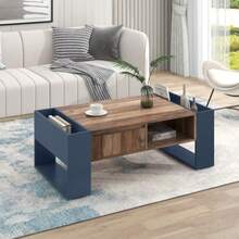 Coffee Table With A Wood-Grain Finish, Handleless Drawer, Storage Compartment, And A Rear Compartment With Double Access. Side Table For Sofa With Ample Storage Space. Anthracite Color.