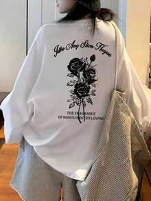 女士宽松字母花卉印花长袖T恤，适合春秋季穿着，白色休闲百搭 - 白色 - 查看 2