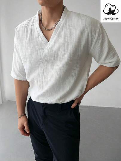 WAIT HIM 100%纯棉男士休闲V领短袖T恤