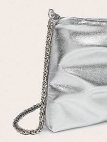 Women's Square Shoulder Bag, Pleated PU Leather, Cracked Texture, Metal Chain, Lightweight & Fashionable, Suitable For Outings And Shopping - Silver - View 5