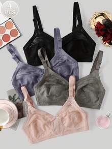 4pcs/Set Women's Full Coverage Lace Wireless Bras, Sexy Breathable Thin Padded Bras For Large Bust