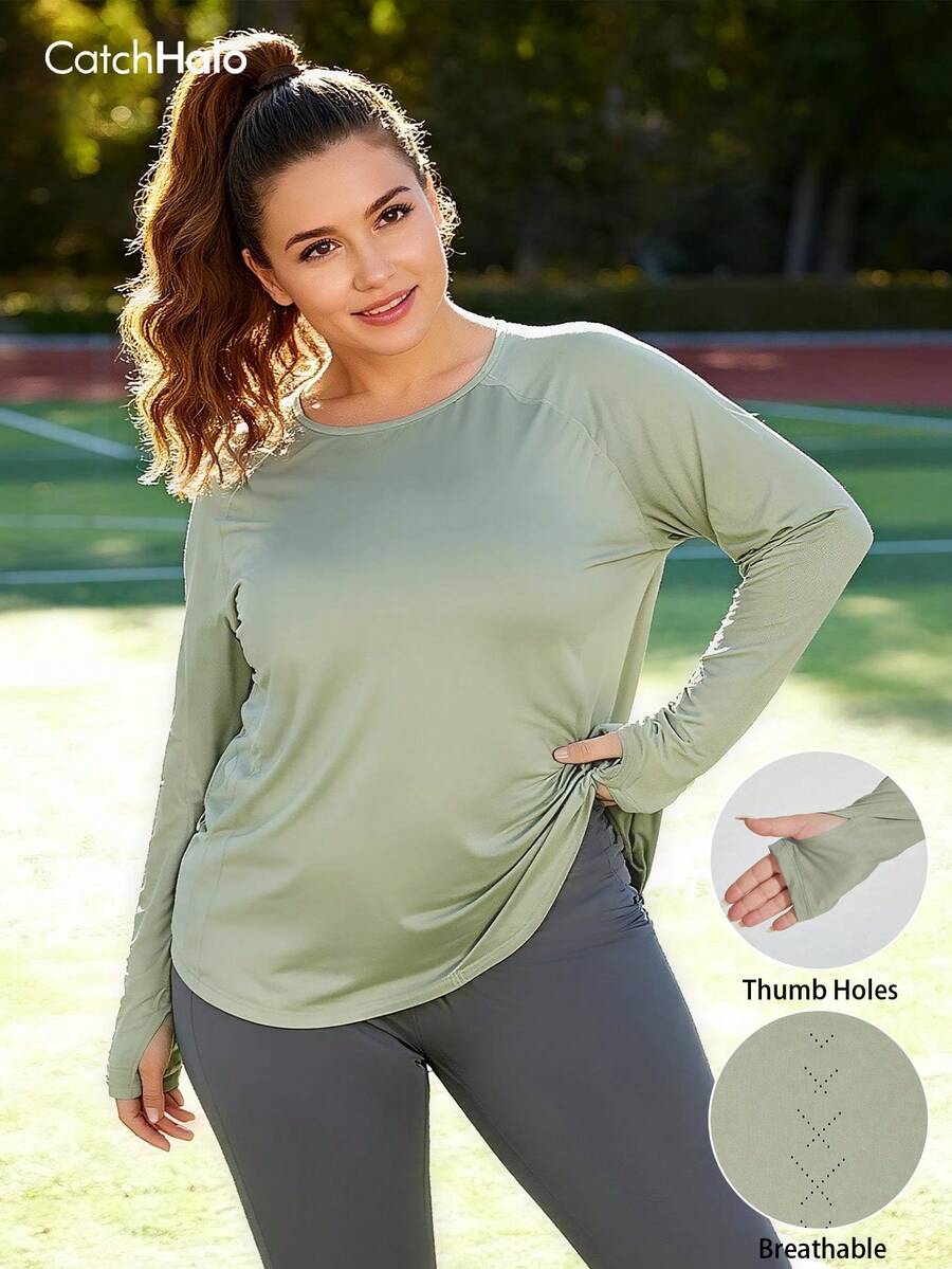 Blusa de manga larga y corte holgado con agujeros para el pulgar y diseño de espalda hueca, adecuada para otoño, invierno, entrenamiento en el gimnasio y uso casual en primavera, tallas grandes para mujeres
