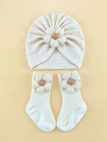 2pcs Newborn Floral Headband Hat + Socks Set, 0-6 Months Baby Elastic Cap, Cute Swaddle Hat Infant Headwear Set