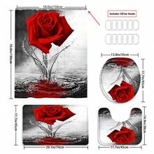 1/3/4pcs Red Rose & Butterfly Shower Curtain Bathroom Set,Luxurious Floral Waterproof And Wear-Resistant Bathroom Decor And Accessories,With 12 Hooks - Includes Toilet Seat Cover, Bath Mats, And Rugs Polyester Fabric - Washable - Perfect For Holiday Decor,Home/Bedroom/House/Western/Winter Decor - Red - View 16