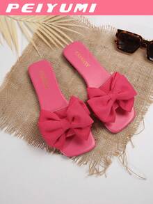 PEIYUMI Women's Bow Decor Slippers, Fashionable Summer Pink Flat Sandals - Hot Pink - View 5