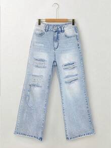 Fashionable Elegant Stylish Personalized Street Details Ripped Button Jeans, Suitable For Single's Party, Back To School Season, Valentine's Day, Casual, Night Out, Travel, All Seasons Spring - Blue - View 6