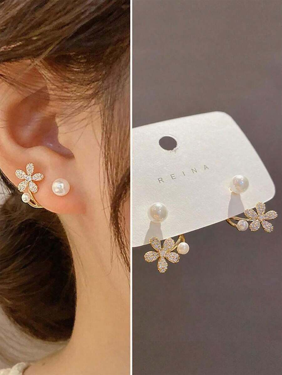 Luxurious Faux Pearl Flower Stud Earrings Valentines - 金子 - 查看 1