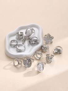 7/14pcs Fashionable Exaggerated Vintage Coin & Chunky Flower Faux Pearl Ring Set, Women Vacation, Party, Birthday, Holiday Gift, Versatile Daily Wear - Silver - View 8