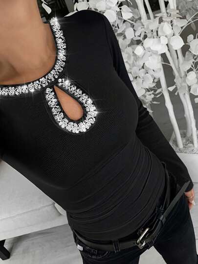 ChicMe Women's Fitted Ribbed Top With Rhinestone Decor, Keyhole Teardrop Neck Long Sleeve, Fashionable Layered Shirt, Suitable For Party And Nightclub Wear