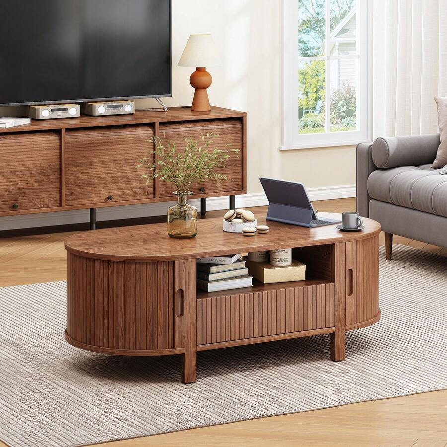 ONBRILL Walnut Oval Coffee Table, 47 Inch Fluted Coffee Tables With Cabinets & Sliding Doors, Mid-Century Modern Living Room Tables, Center Table With Storage And Wood Handle For Living Room, Home Small Space - Màu Tím - Xem 1