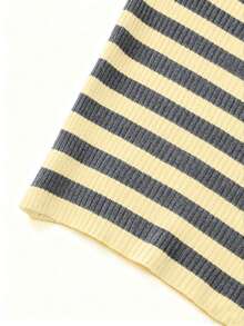 新款春夏撞色条纹船领长袖短款针织衫，韩版休闲简约修身套头毛衣，女士日常通勤街头风穿搭 - 藤黃拼深灰 - 查看 7