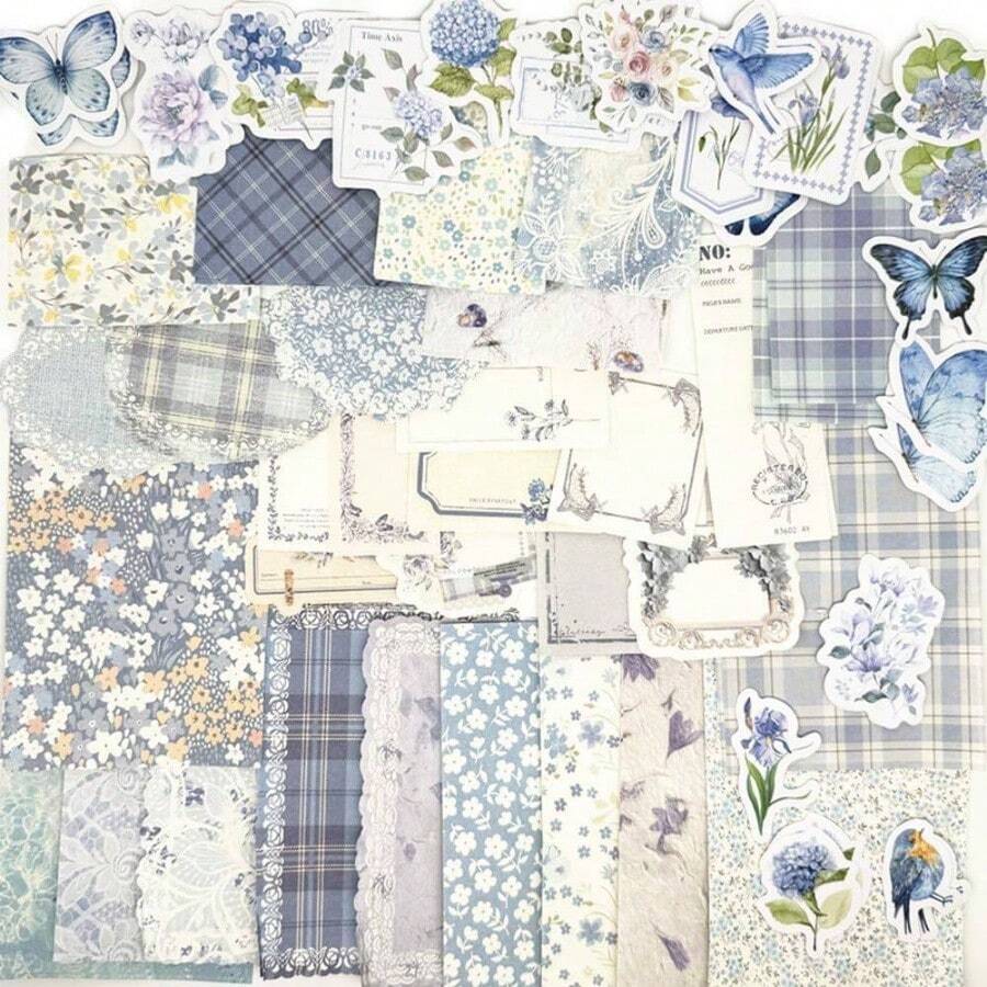 100PCS Vintage Floral Scrapbook Paper, Textured Paper Assorted Set, Special Papers Label Junk Journal Diary Journal Embellishment Supplies Blue - 藍色 - 查看 1
