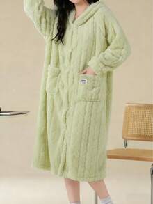 Casual Solid Color Wool Jacquard Robe, Autumn/Winter Warm Thermal Lined Long Sleeve Flannel Plush Button Up Hooded Loose Robe Sleepwear Bathrobe Dress With Pockets, Women Fluffy Cozy Loungewear - 綠色 - 查看 4