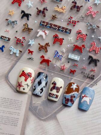 1pc Cartoon Denim Plaid Nail Art Sticker, 3D Embossed Craft, Cute Antelope Nail Decor Design, Self-Adhesive Nail Sticker Decoration, Reusable DIY Nail Sticker, Women Nail Art, Cartoon Nail Accessory, Delicate Gift