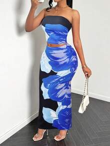 MOOD WOOD 2026 Autumn And Winter Women's Bodysuit Dress Set- -Crafted From Stretch Satin Fabric, This Two-Piece Set Features A Cropped Backless Top And Printed Skirt. Strapless Two-Piece Fitted Maxi Dress. - 寶藍色 - 查看 1