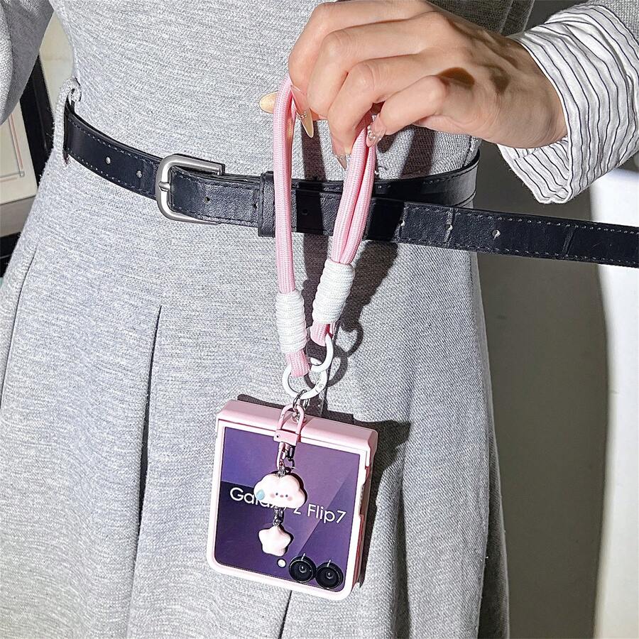 Korean Style Pastel Pink Phone Case With Cloud Lanyard, Compatible With Samsung Galaxy ZFlip7 Z Flip6 ZFlip 5 Zflip6 Zflip5, Shock-Resistant Back Cover, Also Compatible With Motorola Phones - 粉色 - 查看 1