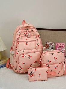 Conjunto de 3 peças de mochila dobrável de nylon rosa com estampa de morango, laço e cereja, com cordão, zíper e grande capacidade. Ideal para uso diário, faculdade, treinos, escola, compras e viagens. Perfeita para mulheres, estudantes, treinos, escola e viagens. - Rosa - Ver 6