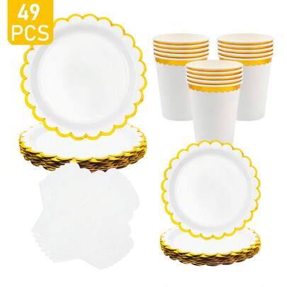 8pcs White Floral Petal Shaped Disposable Plate, Napkin And Cup Set, Party Supplies Suitable For Birthday, Wedding, Theme Party, Family Picnic
