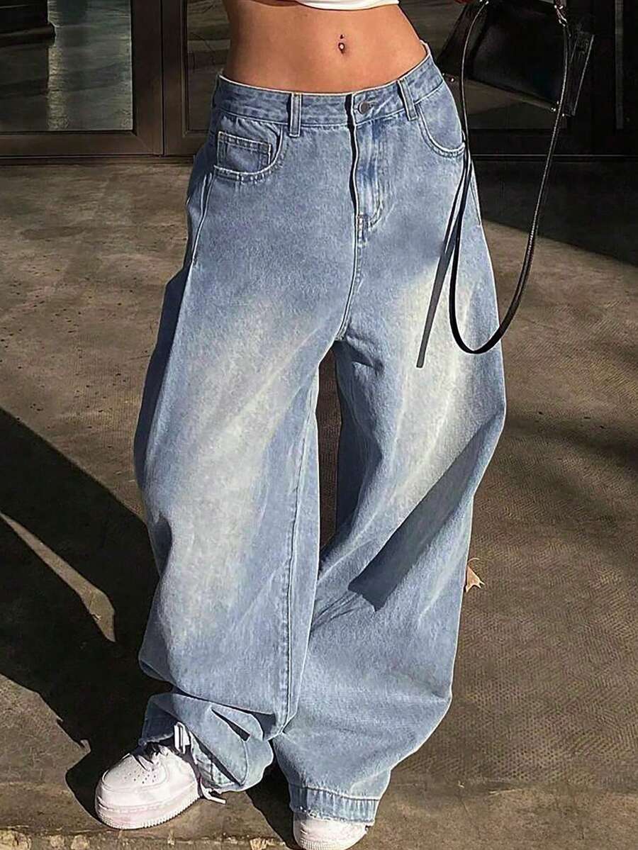 Women Casual Light Blue Denim Jeans With Wide Leg And Non-Stretch Fabric Long Length Fashionable Loose Fit Button Zipper Pockets Spring - Light Wash - View 1