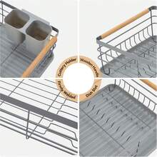 LIVINGANDHOME Living And Home Kitchen Countertop Stainless Steel Dish Drainer Rack,Cutlery Holder Dish Drying Rack With Wooden Handle,Kitchen Organizer Storage Shelf - Grey - View 8