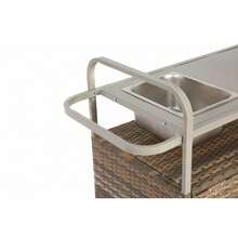 Outdoor Bar Table, Wicker Bar Cart With Cabinet, Patio Serving Cart With Steel Lid, With Ice Bucket, Lockable Wheels, Side Basket For Garden, Poolside And Backyard, Beige