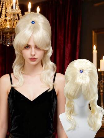 Denna blonda peruk med sofistikerad uppsättning och blå ädelstenar är designad för att fånga essensen av vintageglamour och retroelegans. Den är perfekt för att förkroppsliga ikoniska och snygga roller på temafester, vintageevenemang eller andra tillfällen där du vill omfamna en tidlös och iögonfallande look som sticker ut.