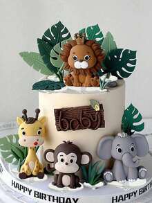 Forest Leaf Cake Topper, Jungle Animal Soft Doll, Lion Giraffe Elephant Monkey Turtle Leaf Grass Cake Decoration, Suitable For Birthday Cake Decoration, Christening Forest Theme Party Cake Decoration Supplies(Please Use With The Tray.)