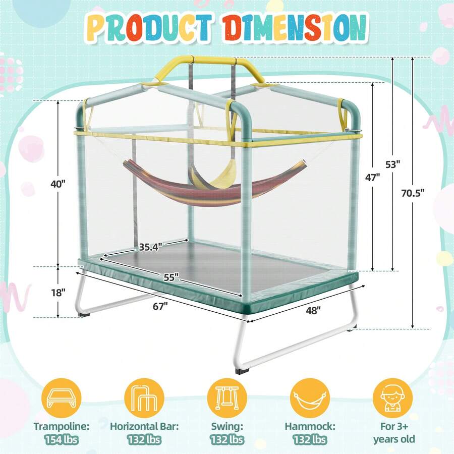 72'' Trampoline With Enclosure Indoor Outdoor, Mini Trampoline With Basketball Hoop, Gymnastics Bar, Ocean Balls, Swing