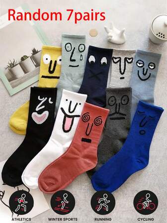 7 par blandade roliga tecknade uttryck mitt på vaden strumpor, lämpliga för utomhusaktiviteter som vandring, cykling, skidåkning, unisex, fritidskläder och udda presenter