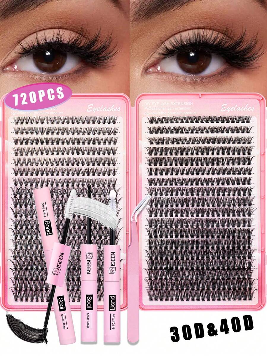 720pcs, 30D/40D D-Curl Eyelash Extension Kit, Individual Lash Clusters, Includes Eyelash Glue, Sealant And Eyelash Extension Tweezers, Easy DIY Lash Extension At Home - Black - View 1