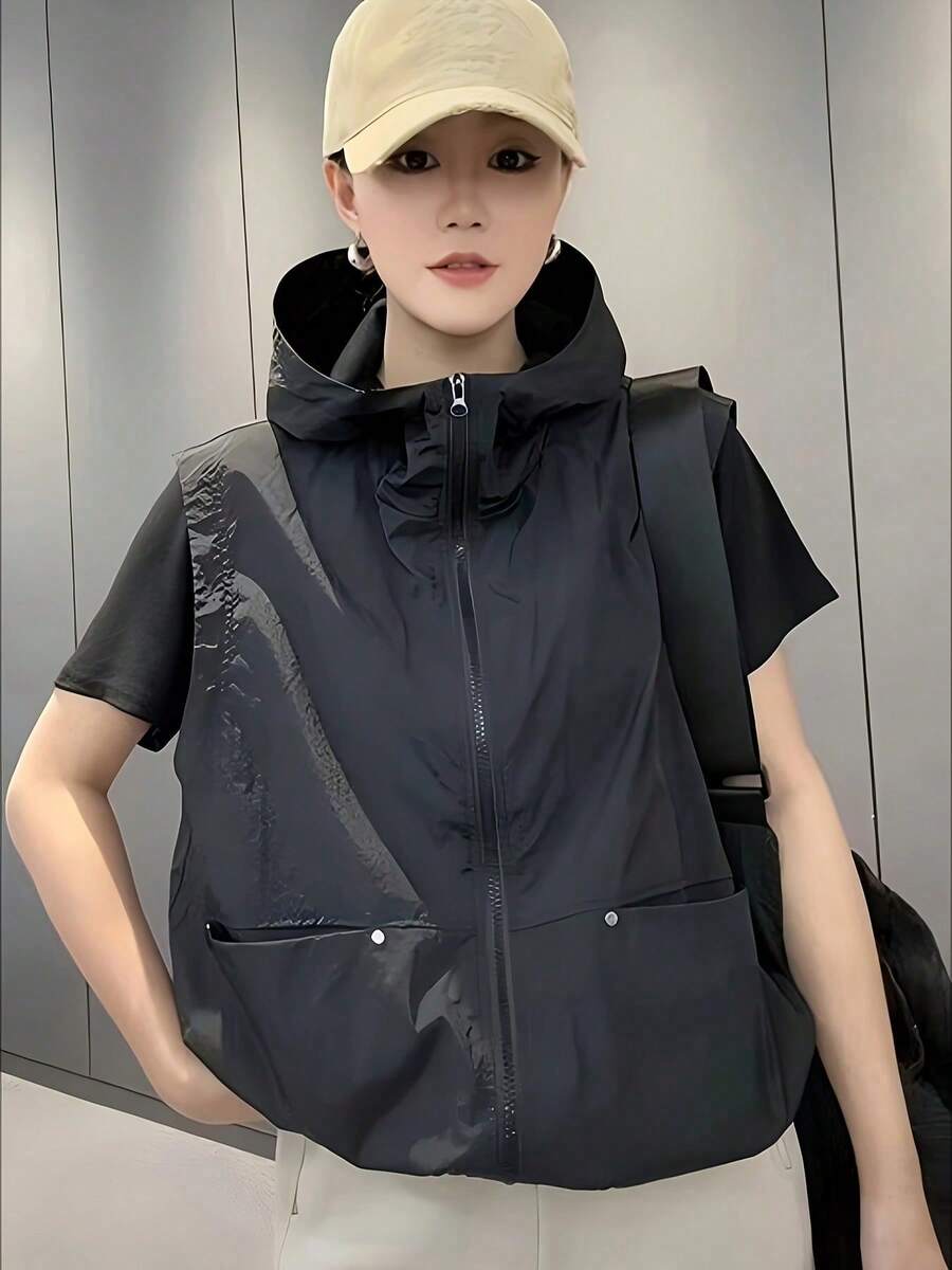Áo khoác vest không tay mới cho nữ mùa xuân/thu, thiết kế vừa vặn thoải mái, túi trùm đầu có khóa kéo, viền có thể điều chỉnh, nhẹ, thời trang ngoài trời, phong cách đa năng - màu đen - Xem 1