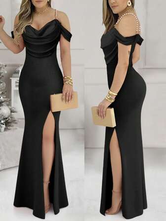 ChicMe 女性用 コールドショルダー パール ストラップ カウルネック イブニング ボディコンドレス エレガント ハイスリット フィッシュテール マキシドレス パーティー カクテル デート フェスティバル バケーションに適しています