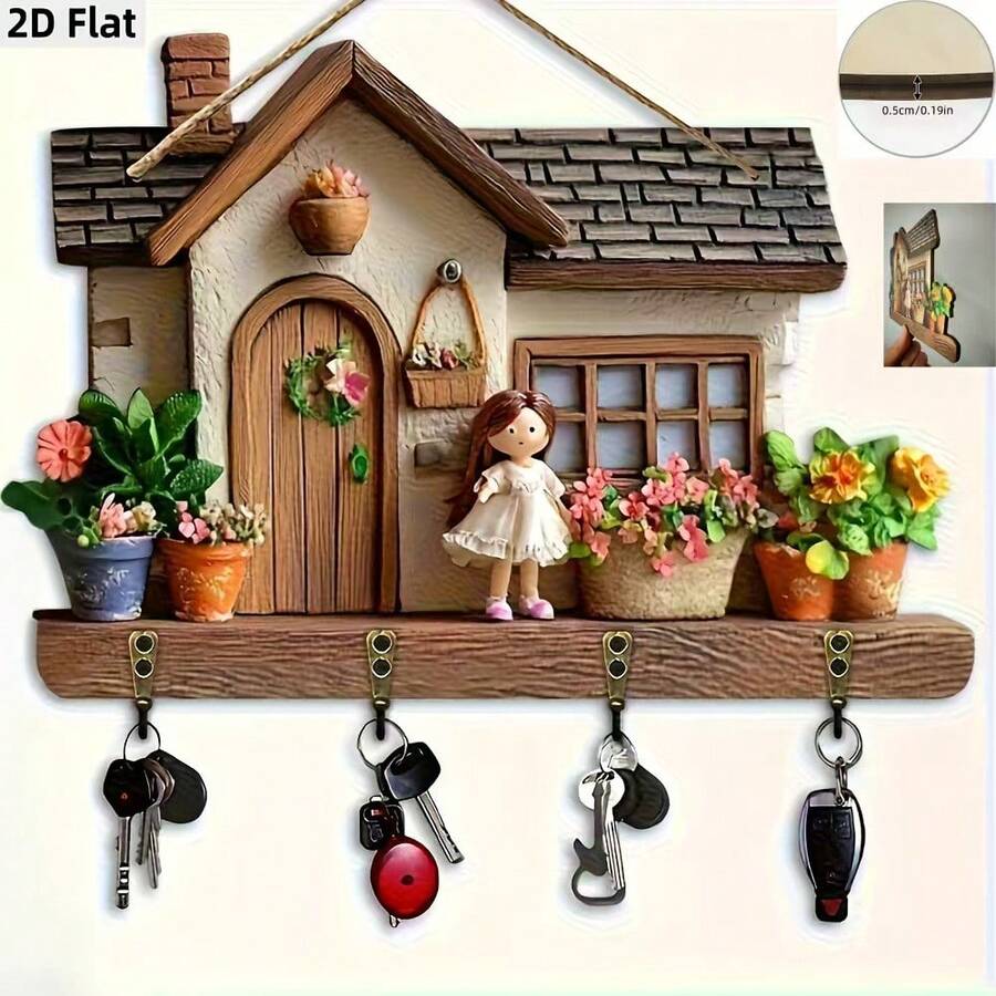 In-Stock Colorful Wooden House Shaped Key Holder Rack, Flat Design Home Decor Wall Hanging, Wholesale Wooden Product - Multicolor - View 1