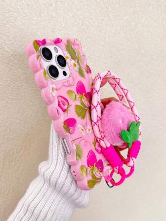 Strawberry Cake Wavy Edge Painted Plush Strawberry Chain Soft Shell Cute Case Compatible With IPhone 17/17 Pro/ 16/15/XR/7P 8P/P12 Pro Max/P13 Pro Max/P14 Pro Max/P13/P14/P11/P12/P14, XS/S/XS Max/7 8 GES2, Fashionable Thick Protective Phone Cover