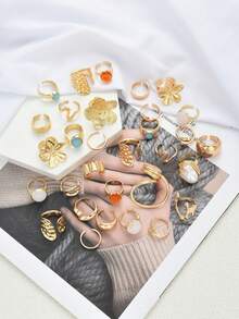 6/13 قطعة مجموعة خواتم مصنوعة من عملات معدنية عتيقة مبالغ بها، أزهار ضخمة، لؤلؤ مزيف، أحجار كريمة ملونة مزيفة، أشكال هندسية غير متماثلة، مناسبة للاستخدام اليومي والحفلات والعطلات والأعياد كهدية للنساء