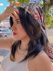1pc Bohemian Style Vintage Paisley & Ditsy Floral Silk Bandana Scarf, Lightweight Breathable Shawl For Spring/Summer, Suitable For Daily & Outdoor Wear Hair Band Winter Hair Accessories Fashion Head Wrap Elegant Headband - Navy Blue - View 2