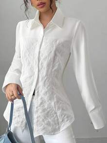 女士白色长袖翻领衬衫，撞色蕾丝细节，纽扣前襟，常规版型 - 白色 - 查看 1