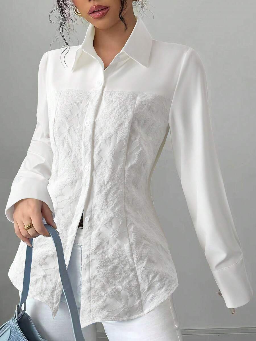 女士白色长袖翻领衬衫，撞色蕾丝细节，纽扣前襟，常规版型 - 白色 - 查看 1