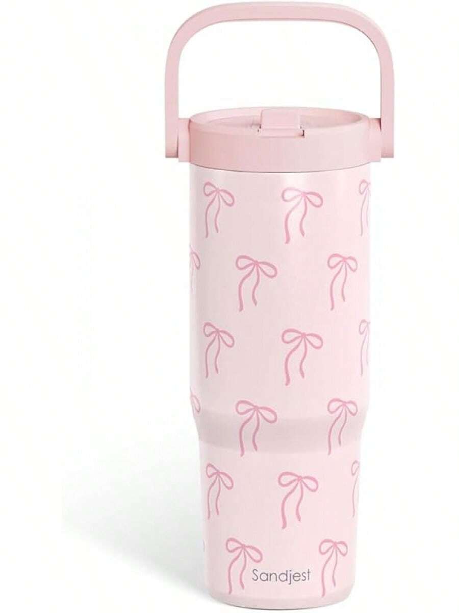 Pink Bow Stainless Steel Straw Lid Tumbler 30oz With Carry Handle For Women Girls, Insulated Travel Coffee Cup, Gift For Sports Outdoor Workout Christmas Birthday - 弓 2 - 查看 1