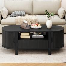 ONBRILL Black Oval Coffee Table, 47 Inch Fluted Coffee Tables With Cabinets & Sliding Doors, Mid-Century Modern Living Room Tables, Center Table With Storage And Wood Handle For Living Room, Home Small Space - Black - View 7