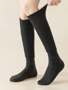 6 Pairs Women's Solid Color Socks, Casual & Versatile, Thick & Warm For Autumn/Winter, Over The Calf School Style, Cozy Socks - Multicolor - View 6