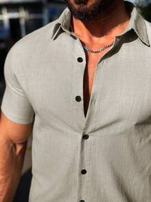JMB Men's Simple Solid Color Short Sleeve Shirt And Shorts Set For Going Out - 淺灰色 - 查看 6
