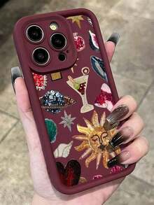 1pc Retro Funda de Teléfono Acolchada con Rhinestone y Granate Integrada Anti-Caída Compatible con Apple 16, 15, 14, 13, 12, 11 Pro Max y SeriesCarcasa de teléfono artística - vino tinto - Ver 5