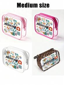 透明PVC便携式收纳袋，印有药品标签和药丸图案，医用收纳袋，大容量化妆品收纳包，防水，带拉链，化妆包，旅行收纳包，美容包，可收纳口红、化妆刷、护肤品、手机、零钱、小物件，旅行必备，轻便