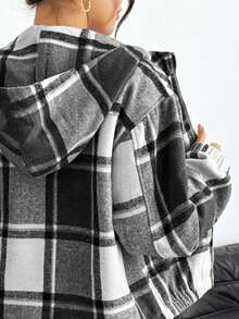 Chaqueta de mujer a cuadros con capucha, hombros caídos, cremallera, forro cálido, corte regular, manga larga, poliéster, bolsillos, estilo elegante e informal. - Negro - Ver 8