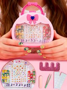 粉色手提箱造型儿童美甲套装 - 包含可爱宠物造型假指甲、贴纸和工具，适合3岁及以上儿童，可用于角色扮演美甲DIY游戏。 - 彩色 - 查看 12
