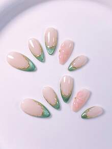 10 móng giả ngắn thủ công, kiểu Pháp, màu đỏ, xanh lá cây, đen, mắt mèo, vàng, móng dễ thương, họa tiết hoa 3D tròn thủ công và đầu móng kiểu Pháp sọc vàng bất đối xứng, trang trí bằng hạt vàng, kèm bộ dụng cụ làm móng, phù hợp cho phụ nữ và bé gái. - Màu xanh Bạc hà - Xem 4
