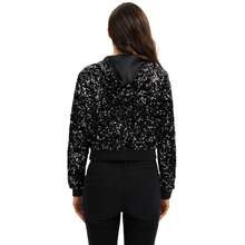 Women's Sequin Zip-Up Hooded Jacket With Ribbed Hem And Long Sleeves For Party Wear - Black - View 2
